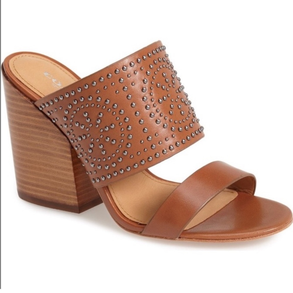 Coach Saddle Brown Duchess Studded Leather Heels MULES Shoes